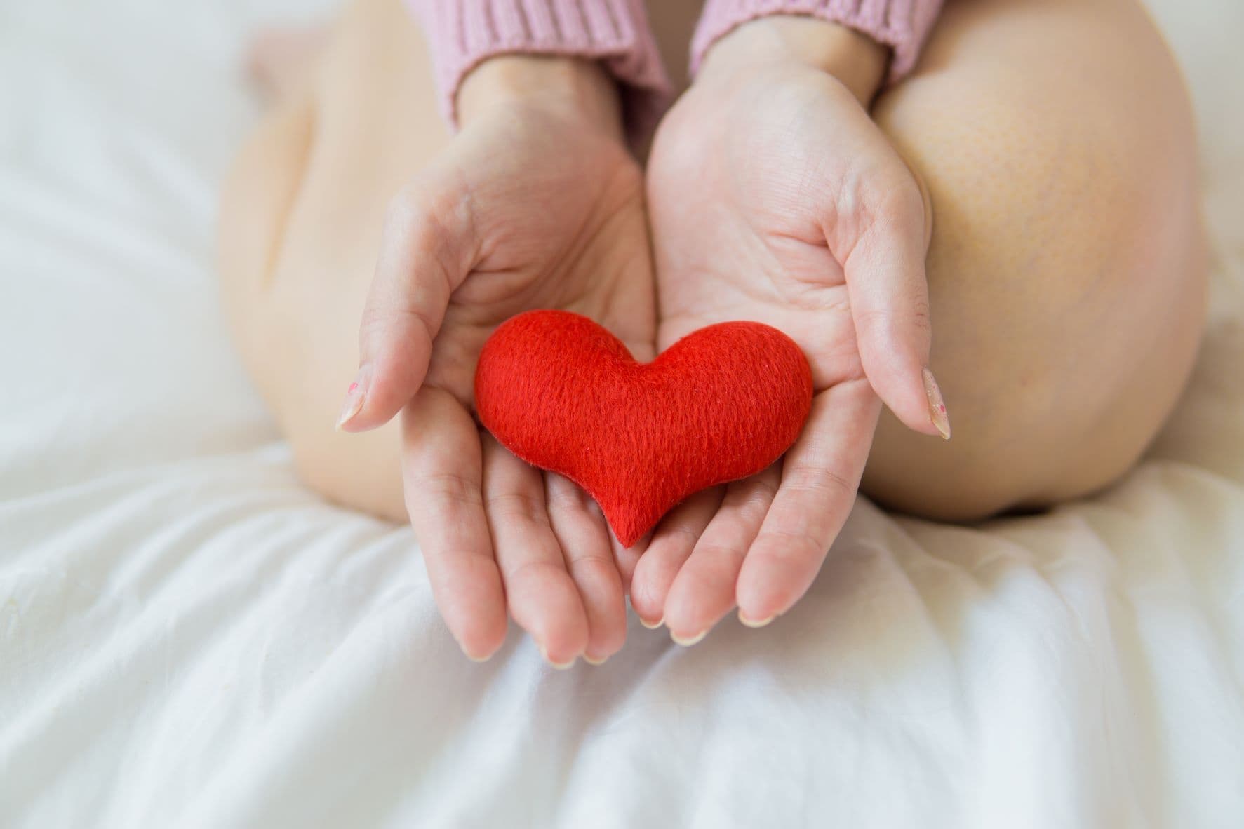 Two hands holding a red felt heart