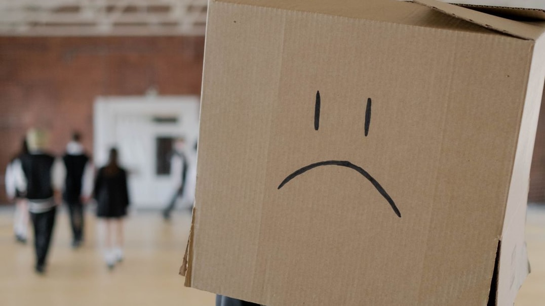Person wearing cardboard box on head with a sad face drawn on it